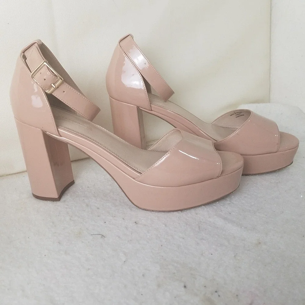 Asos Nude Patent Platform Chunky Heel Ankle Strap Sandals‎ Women's 9